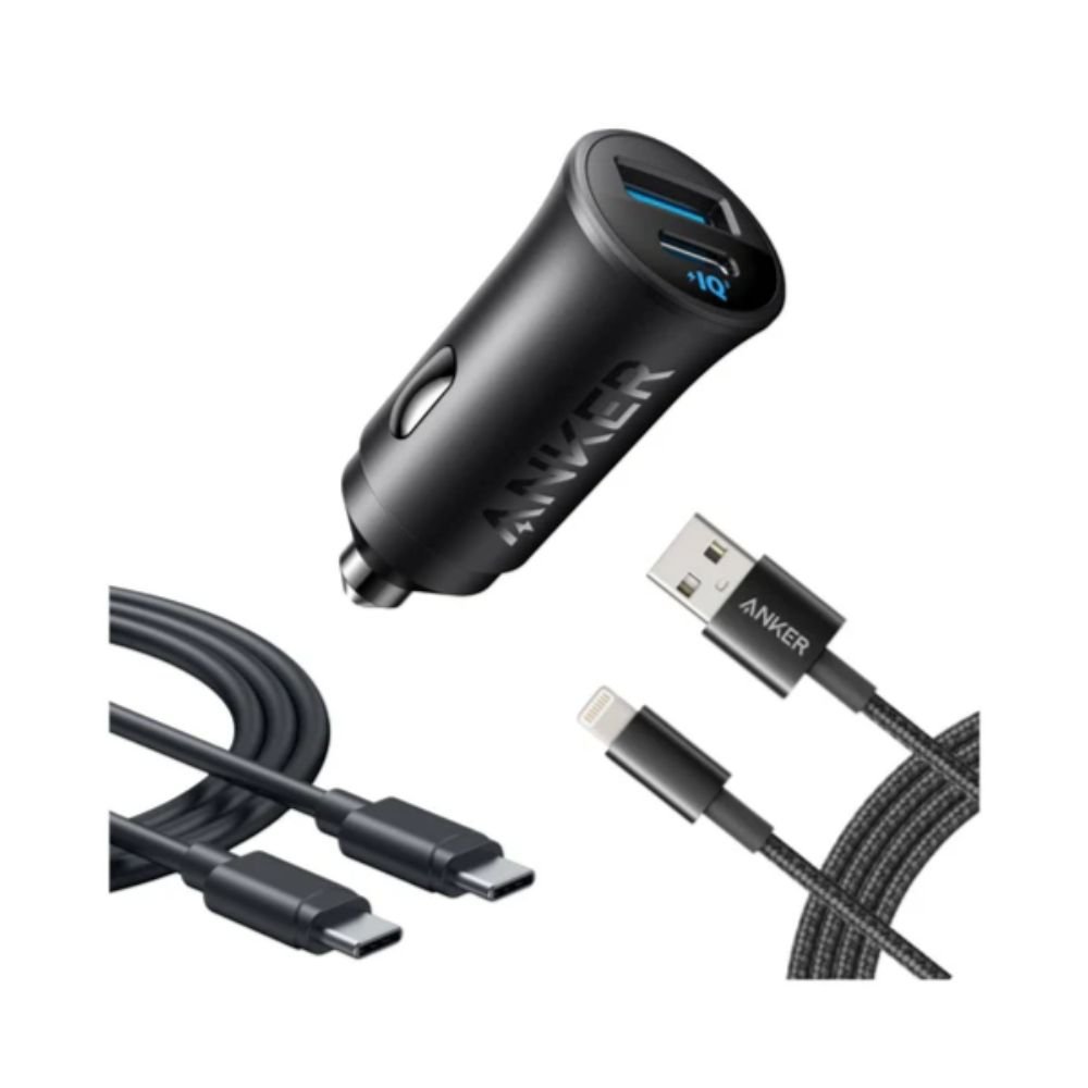 أنكر شاحن سيارة فائق المدمج بقوة 30W مع كيبلات من Type-C إلى Type-C ومن Usb إلى Lightning أسود