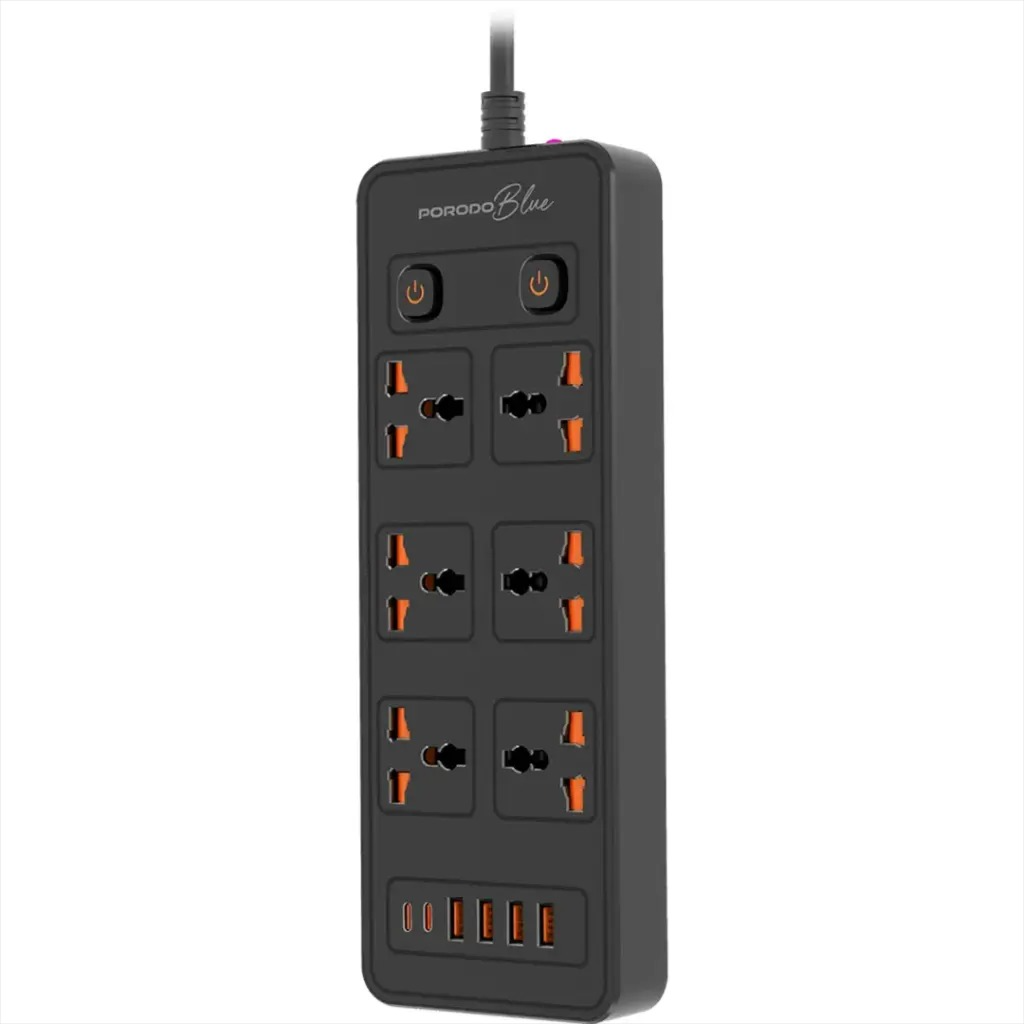 Porodo Blue 6 Ac - Dual Switch Power Strip - Black