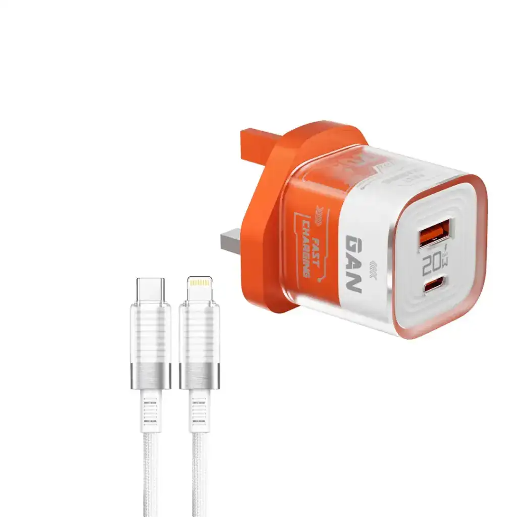 Porodo Crystal Shell Gan Wall Charger ( With Usb-C/Lightning Cable) - Orange