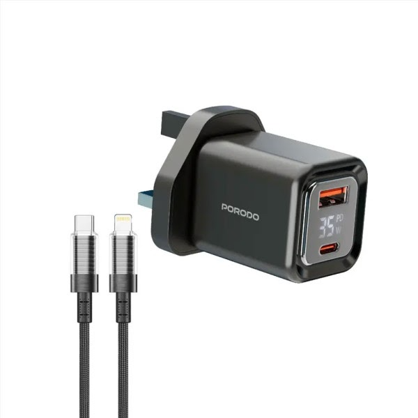 Porodo Pd35W Gan Display Screen Dual-Port Quick Charger Usb-C To Lightning - Black