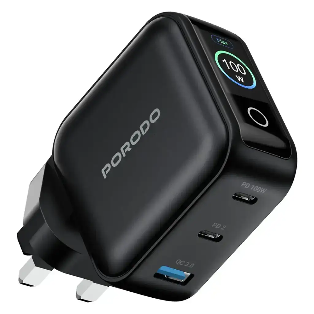 Porodo Nexora 100W 3-Port Wall Charger With Lcd Display - Black